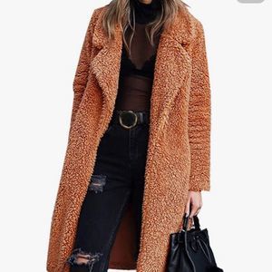 Angashion Fuzzy Fleece Lapel Open Front Long Cardigan Coat